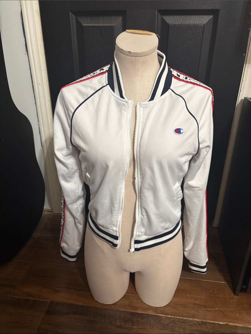 Vintage Champion White Bomber Jacket with Navy & Red Trim